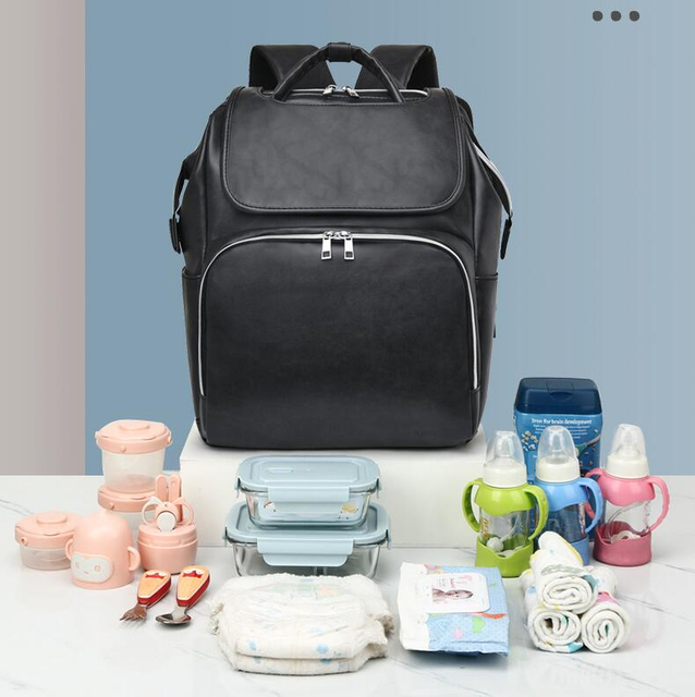 حقيبة ظهر أنيقة متعددة الوظائف من جلد البولي يوريثان للأم مع سرير أطفال